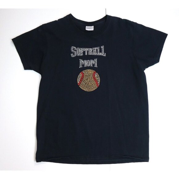 SOFTBALL MOM - WOMEN'S BLACK RHINESTONE EMBELLISHED T-SHIRT - SIZE M - Picture 2 of 5